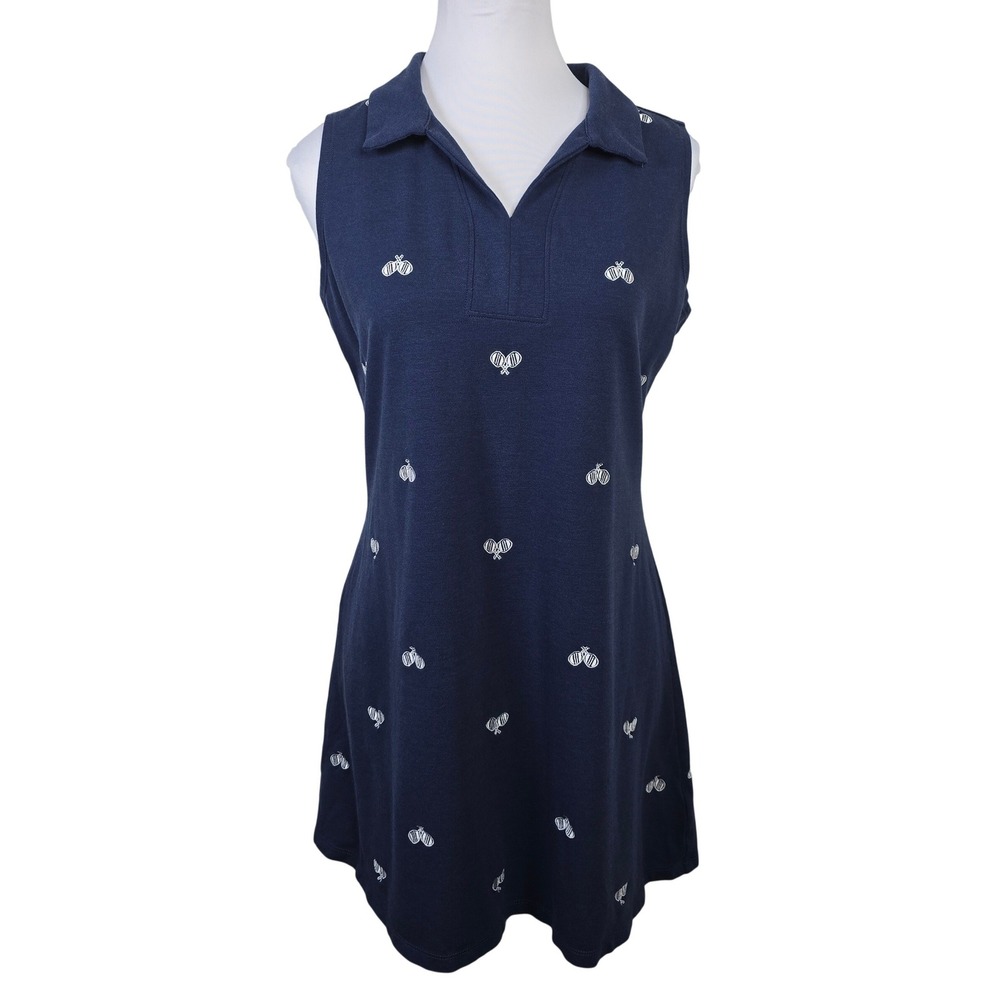 Sigrid Olsen Golf & Tennis Dress Navy Blue Embroidered Tennis Racket Womens L‎